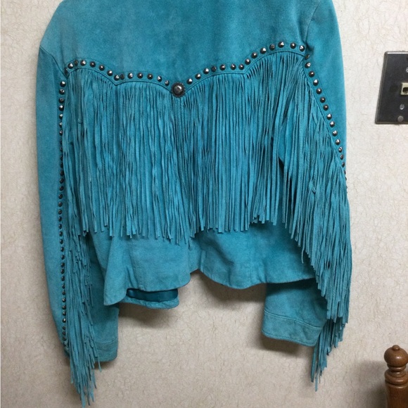 Beautiful hardly worn turquoise leather jacket size lg - Picture 3 of 4